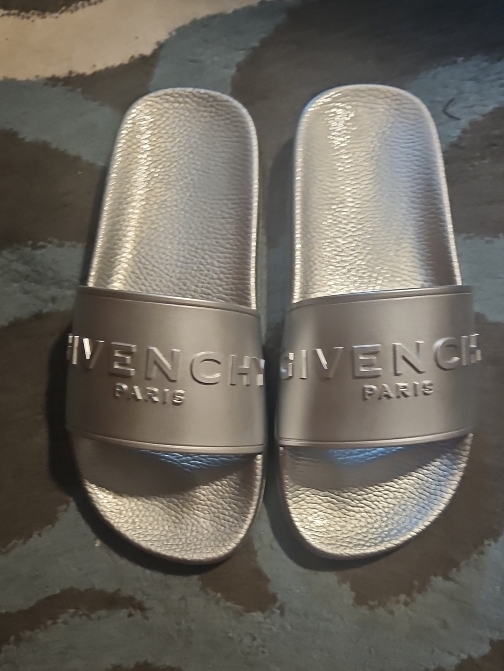 Givenchy Silver Embossed Logo Slide Sandals